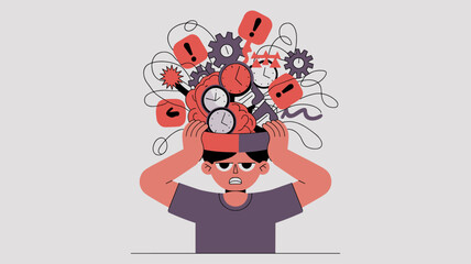 overwhelmed man with an open brain full of chaotic gears and clocks, vector illustration 