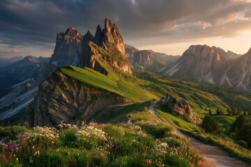 Obraz premium Dramatic sunset illuminates towering, rugged peaks and verdant valleys, a winding path leads through wildflowers to majestic heights