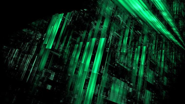 Abstract green data streams form a vibrant digital landscape, representing interconnected technology in a modern setting. The patterns convey a sense of speed and innovation. 3d render
