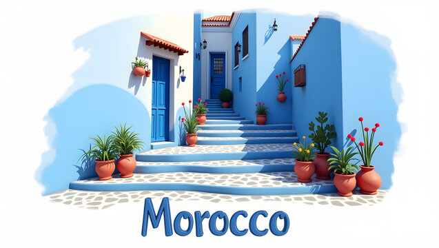 3D illustration of Chefchaouen&rsquo;s blue streets and stairways with flower pots. &lsquo;Morocco&rsquo; in 3D text below. The famous blue city in the Rif Mountains.