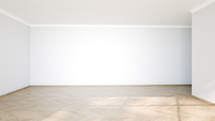 Empty space featuring light wooden flooring and plain white walls, illuminated by natural light during the day, providing a calm and tranquil environment for various uses. 3d render