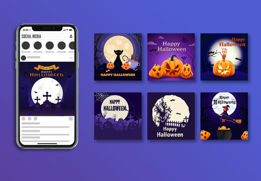 Halloween Social Media Post Template Set &ndash; Spooky Party & Trick or Treat Bundle (AI Format)