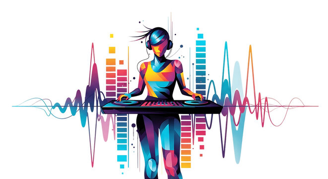 Vibrant female DJ mixing music, surrounded by colorful sound waves.