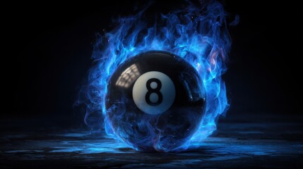 Stunning photo of magic eight ball in blue flames. A striking image featuring a black billiard ball with the number eight engulfed in mystical blue fire on a dark background.