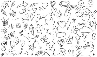  hand drawn chalk brush arrow, heart, crown element set. Hand drawn sketch marker underline shape, arrow, star scribble brush pen stroke element. Crown, love graphic icon. Vector illustration 