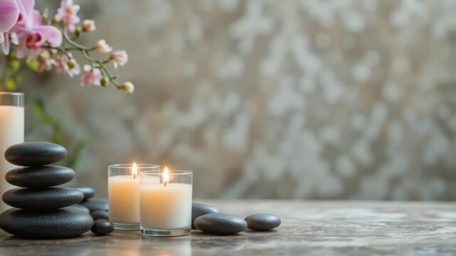 A tranquil spa setting with candles, stones, and orchids, ideal for product placement. 4k video