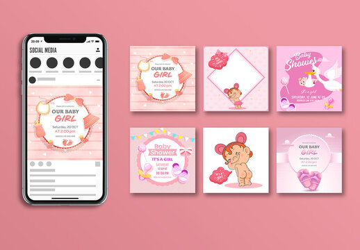 Baby Shower Social Media Post Template Set &ndash; Girl Announcement & Invitation Bundle (AI Format)