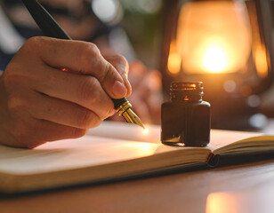 Ink Drop Hovering Over Nib Beneath Lantern Glow While Writing