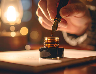 Close-Up of Ink Drop Hovering Above Nib Under Lantern Glow