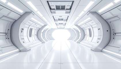 Bright white futuristic spaceship corridor with glowing end, clean and minimalist design.