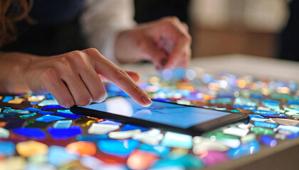 Artistic Exploration of Mosaic Shards Beneath Touchscreen Lens