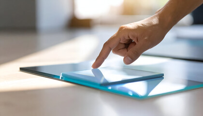 Light Beams Through Glass Prism with Hand Touching Surface