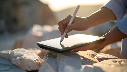 Close-up of Hand Using Tablet on Polished Quartz Slabs Outdoors