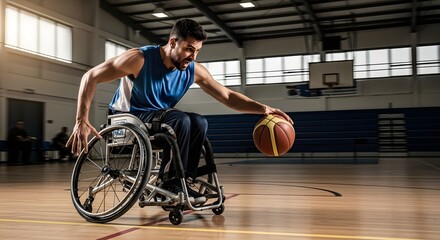 International Day of Persons with Disabilities Wheelchair Basketball Athlete Dribbling Ball in Sports Hall, Showcasing Skill and Determination