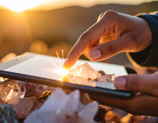 Hand Touching Quartz Crystal in Sunset with Digital Device Display