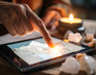 Hand Touching Quartz on Tablet with Candle Glow and Crystal Surroundings