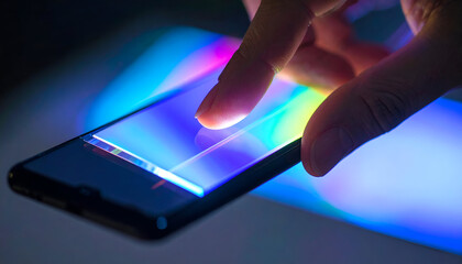 Finger Touching Glass Prism with Reflections and Light Splashes