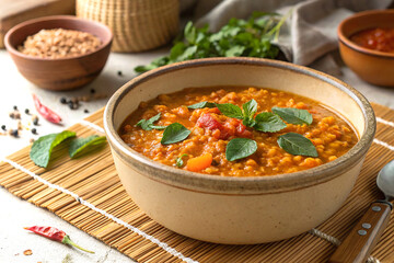 Hearty red lentil stew in rustic bowl with herbs and natural lighting