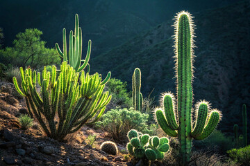 Spiky green cacti with dramatic lighting on dark botanical background