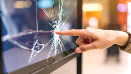 Close-Up View of Fractured Glass on Display Panel with Finger Touching