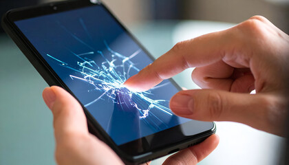 Close-Up of Person Touching Cracked Smartphone Display Screen