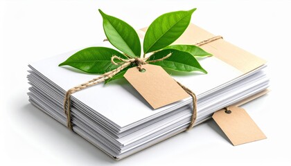 Stack of white envelopes tied with twine and adorned with green leaves and brown tags on white background