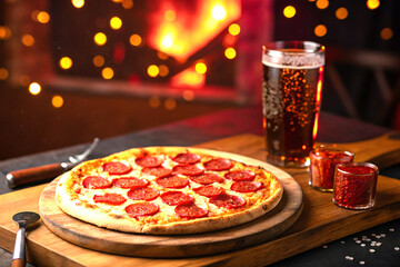 Pepperoni pizza on wood board with drink in warm cozy vibrant lighting