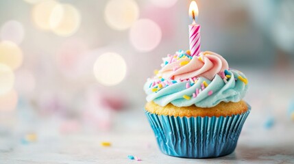 Colorful birthday cupcake with frosting and sprinkles placed on a wooden table against a soft blurred background with festive light tones





