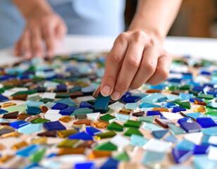 Close-Up View of Hands Placing Colorful Glass Shards in Mosaic Work