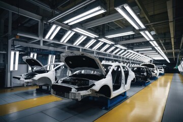 Automotive assembly line featuring car chassis in various stages of production