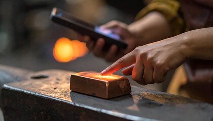 Copper Ingot Glow Pulsing on Steel Anvil Close-Up in Workshop Setting