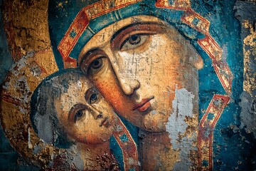 An old antique medieval renaissance oil painting depicts the Virgin Mary