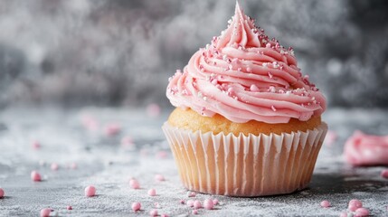 Colorful birthday cupcake with lit candle on table against soft light background, festive celebration dessert concept




