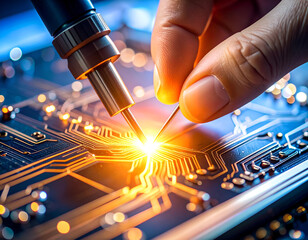 Close-up Shot of Hand Manipulating Copper Traces on Circuit Board