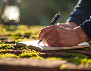 Hand Writing in Notebook on Weathered Mortar Ring Surrounded by Moss