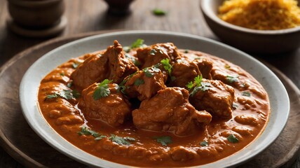Delicious Chicken Tikka Masala with Cilantro Served on a Wooden Tray