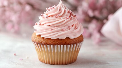 Colorful birthday cupcake with swirl frosting and sprinkles on wooden table with soft light background, festive celebration dessert concept




