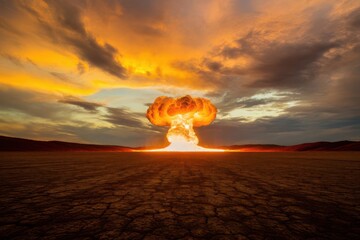 Apocalyptic scenario visualization showing dramatic explosion over cracked terrain