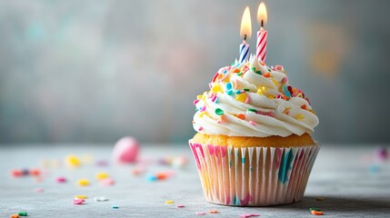 Colorful birthday cupcake with frosting and sprinkles on table against soft light background, festive dessert for celebration or party decoration




