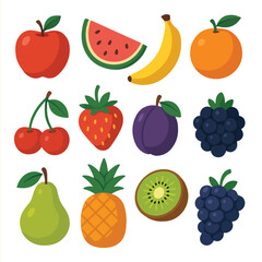 Colorful Vector Set of Fresh Tropical and Seasonal Fruits Isolated on White Background for Healthy Food, Nutrition, Organic Market, and Summer Designs

