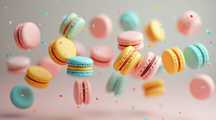 Pastel colored macaroons float in the air