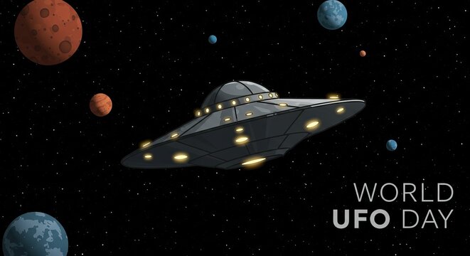 A sleek UFO soaring through starlit galaxies celebrates World UFO Day with planets and deep space
