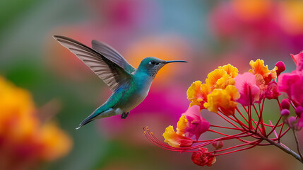 Fototapeta premium Tiny Vibrant Hummingbird Hovering Near Flowers