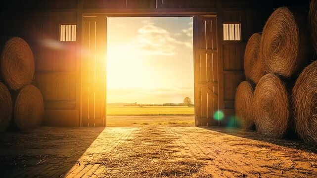Golden Sunset Over Hay Bales in Barn