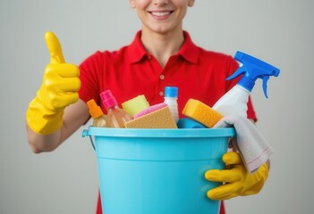 Smiling Person with Cleaning Supplies Giving Thumbs Up for Home Hygiene