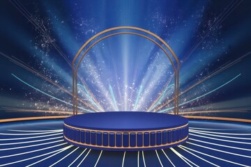 Majestic Blue Stage with Golden Archway and Sparkling Light Streams Backdrop