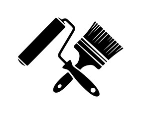 Black silhouette of paint roller and paint brush