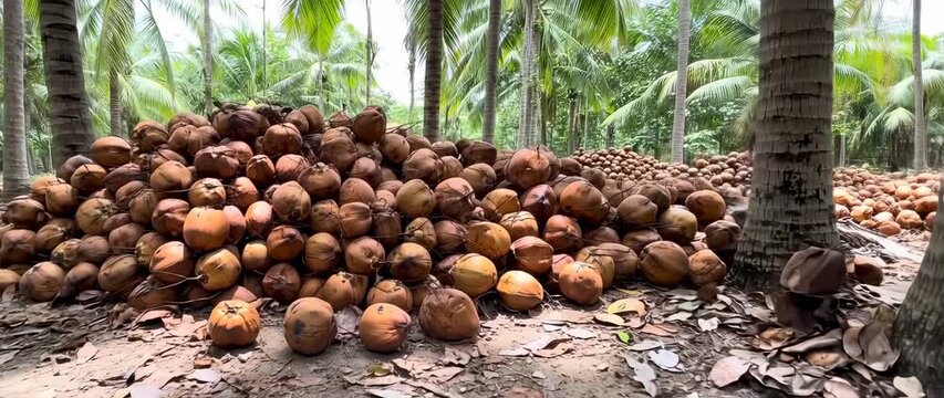Pile of coconuts under palm trees