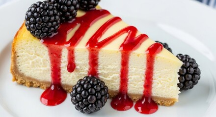 Decadent slice of blackberry cheesecake with luscious red drizzle on a crisp white plate top down