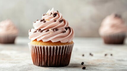 Colorful birthday cupcake with swirl frosting and candle on pastel table setting with festive blurred lights in background




